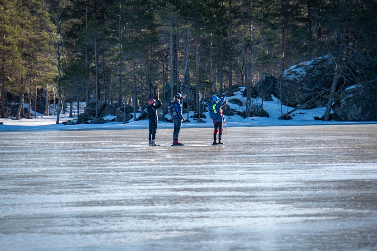 Three ice skating tour participants looking at something in the distance on a frozen lake in the Swedish wilderness.