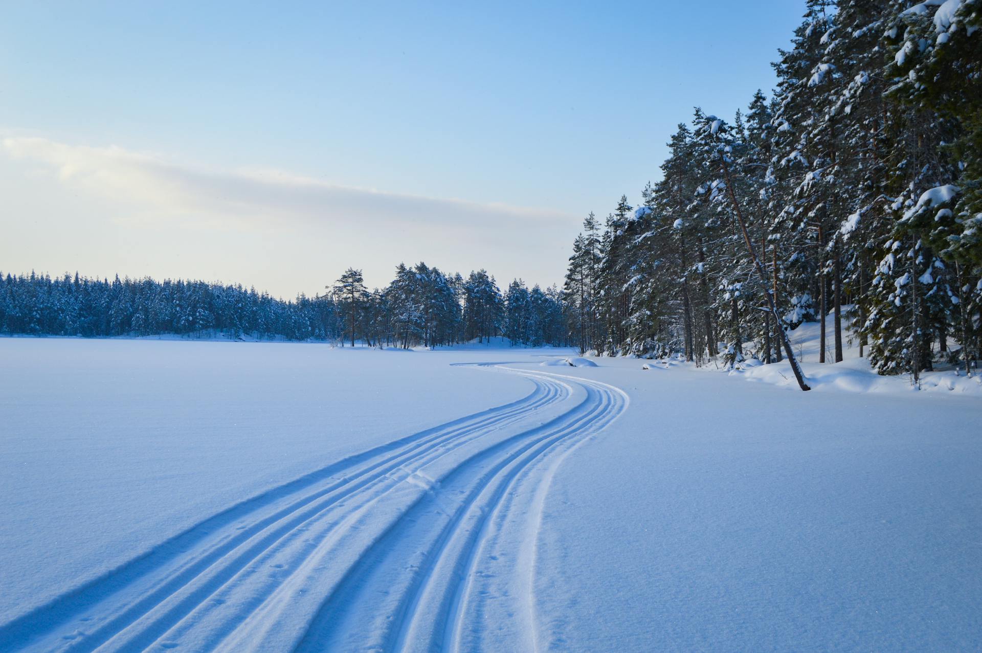 Long ski tracks wind through the winter landscape around a lake in the wilderness of Sweden.