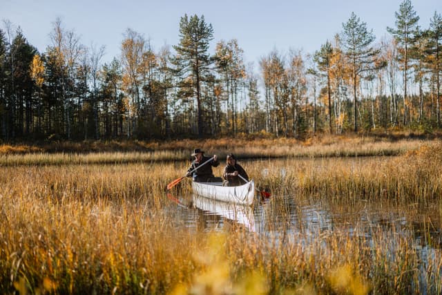 Due avventurieri felici esplorano la natura svedese in canoa su un fiume calmo.