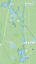 Een overzichtskaart van de kanoroutes in het natuurreservaat Malingsbo-Kloten.