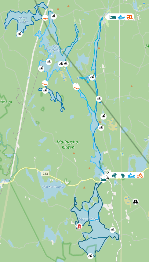 Una mappa generale dei percorsi in canoa nella Riserva Naturale di Malingsbo-Kloten.