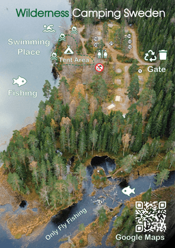 A bird's eye view of the wilderness camping with its swimming area at the lake and a small delta where the river meets the lake.