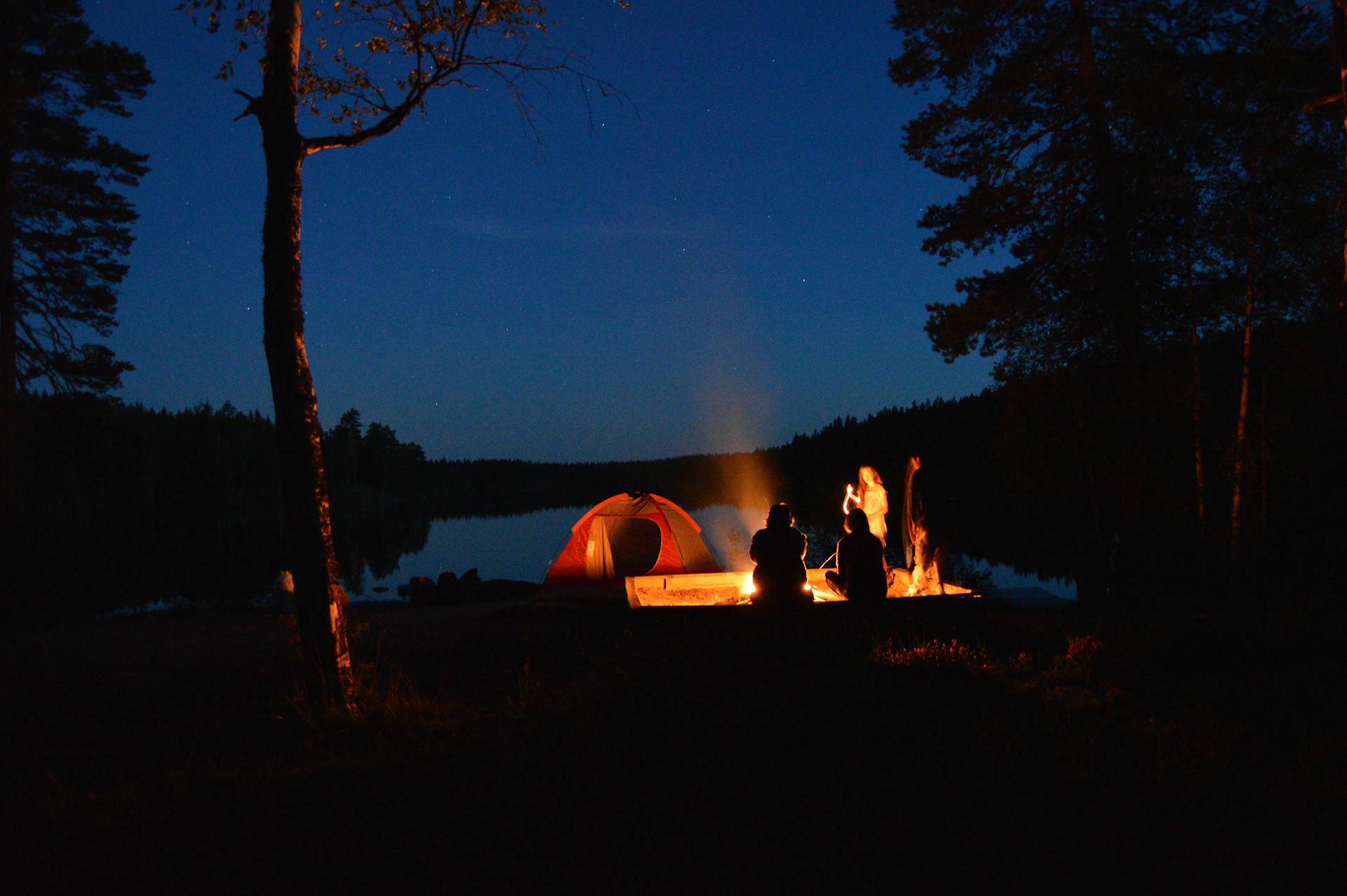 Campfire under the starry night sky in the swedish wilderness during a canoe trip with Nordic Discovery.
