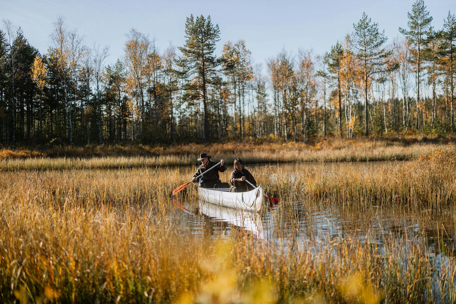 Zwei glückliche Abenteurer erkunden die schwedische Wildnis mit dem Kanu auf einem ruhigen Fluss.