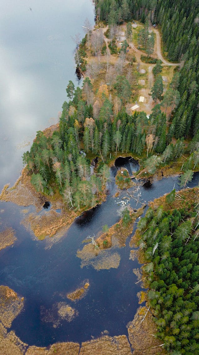 Una vista aérea del camping en la naturaleza con su zona de baño en el lago y un pequeño delta donde el río se encuentra con el lago.